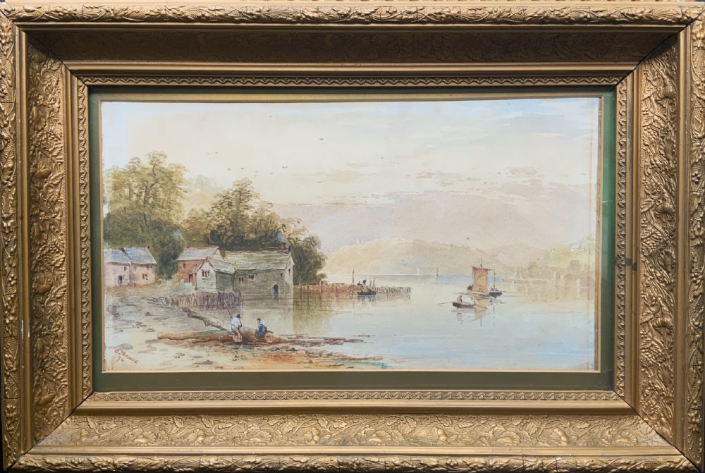 A 19th-century Victorian watercolour painting depicting a calm Welsh lake with figures and cottages, framed in an ornate carved giltwood frame. View XI