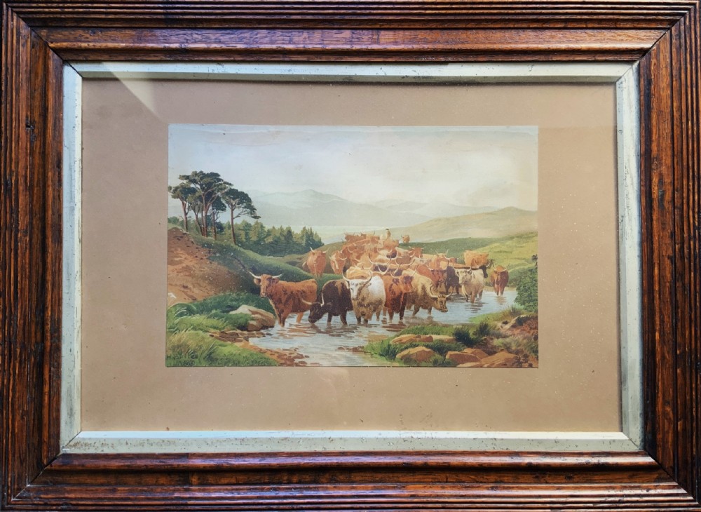 A nineteenth-century framed landscape painting depicting a herd of Highland cattle crossing a stream amidst rolling hills.