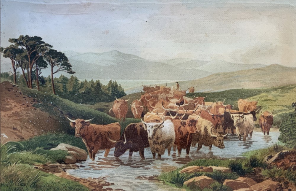 A nineteenth-century framed landscape painting depicting a herd of Highland cattle crossing a stream amidst rolling hills. View II