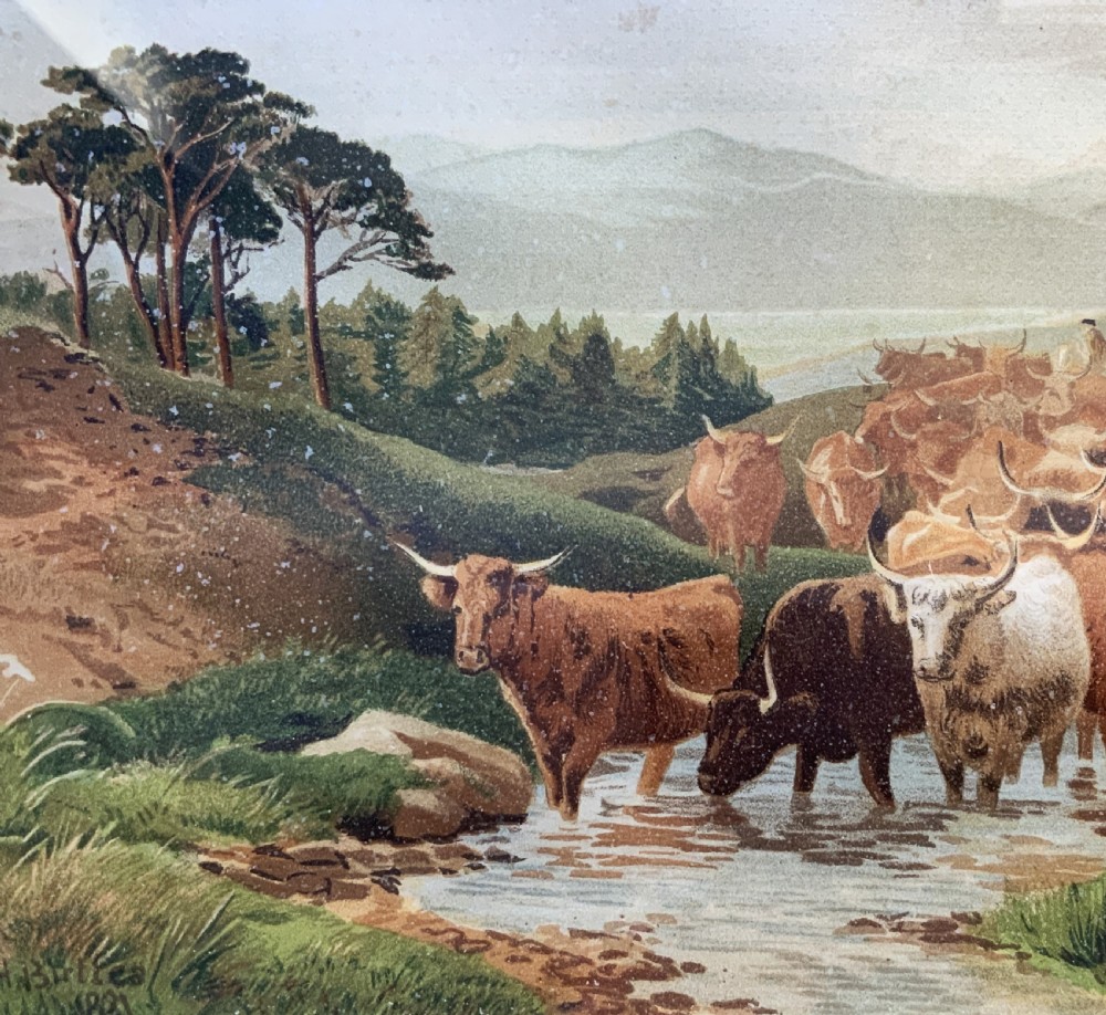 A nineteenth-century framed landscape painting depicting a herd of Highland cattle crossing a stream amidst rolling hills. View IV