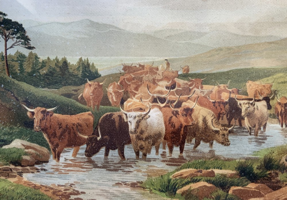 A nineteenth-century framed landscape painting depicting a herd of Highland cattle crossing a stream amidst rolling hills. View V