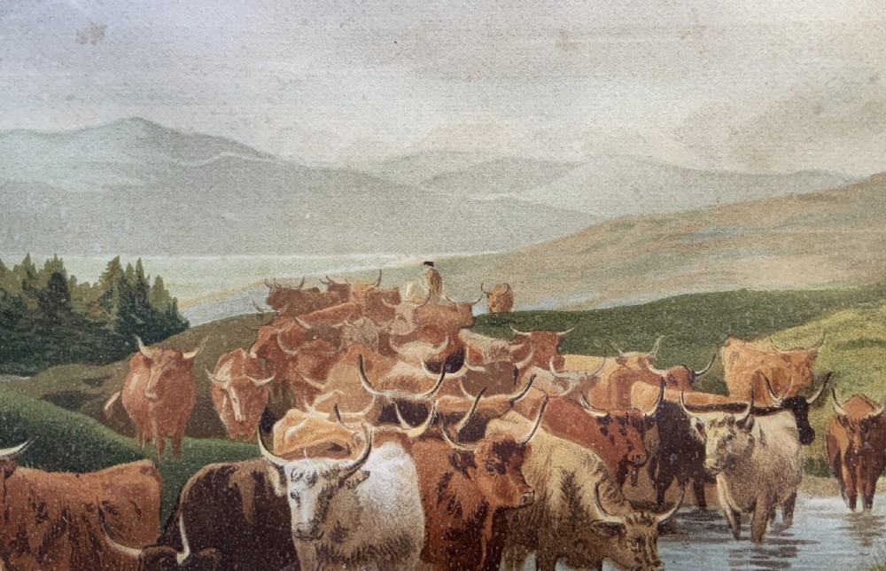 A nineteenth-century framed landscape painting depicting a herd of Highland cattle crossing a stream amidst rolling hills. View VI