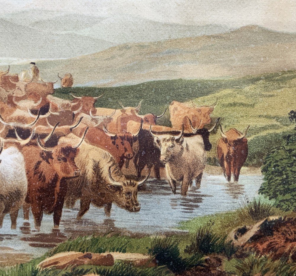 A nineteenth-century framed landscape painting depicting a herd of Highland cattle crossing a stream amidst rolling hills. View VIII