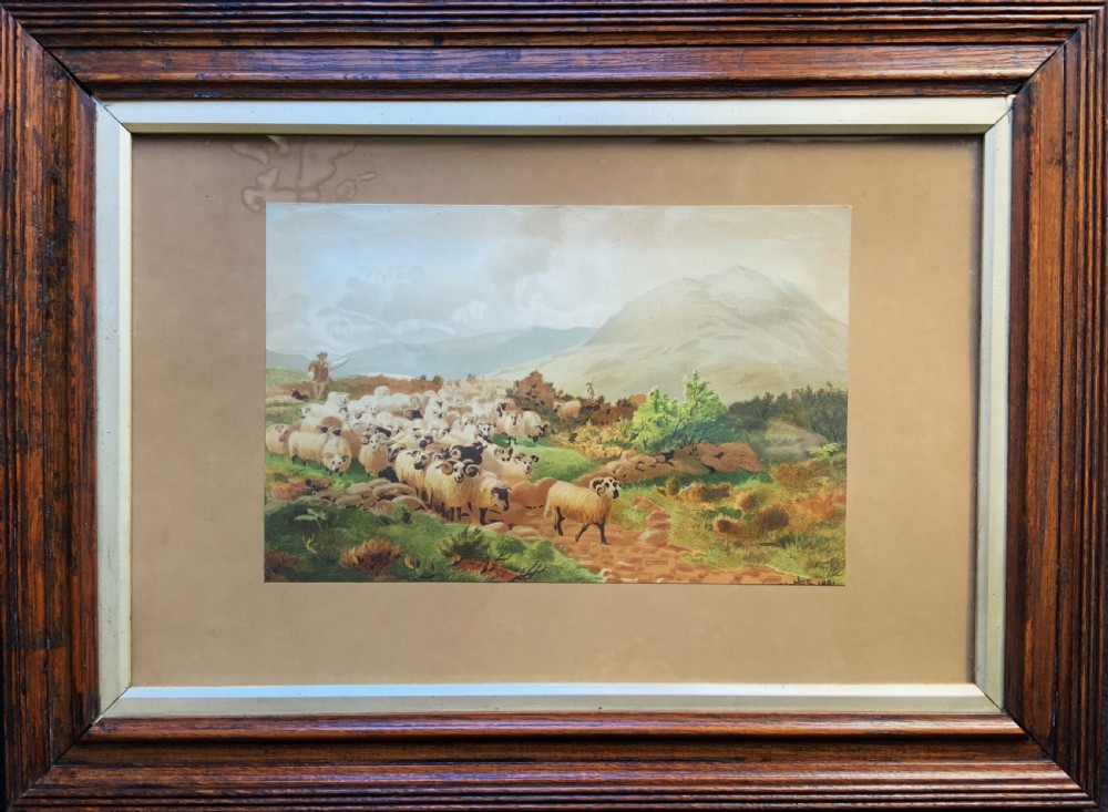 A 19th-century framed landscape painting depicting a shepherd guiding a large flock of sheep through a highland valley, housed in a moulded dark timber frame.