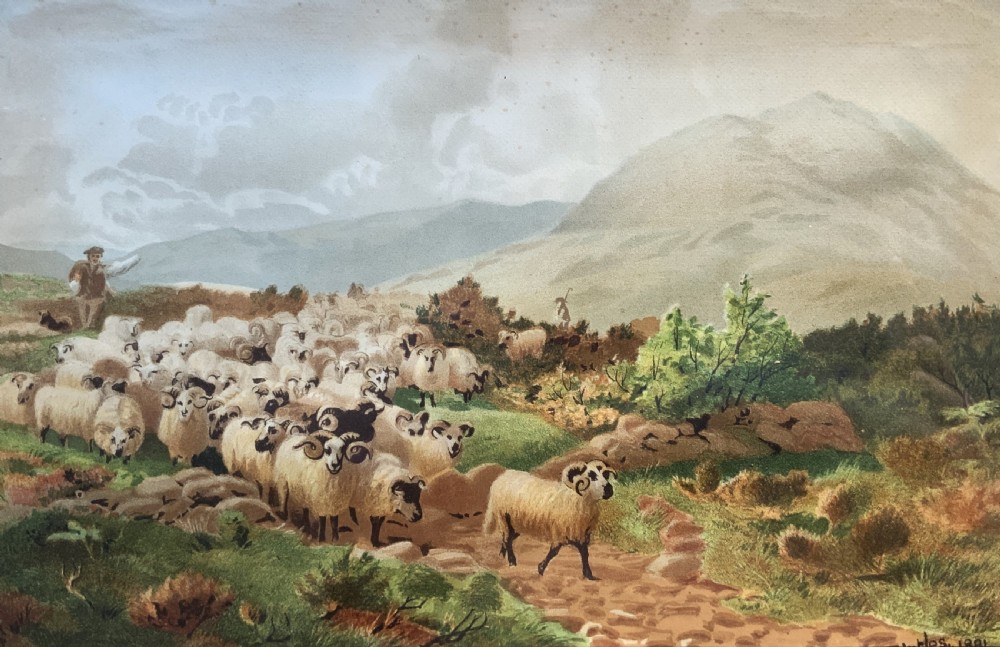 A 19th-century framed landscape painting depicting a shepherd guiding a large flock of sheep through a highland valley, housed in a moulded dark timber frame. View II