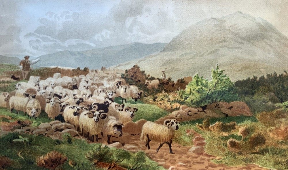 A 19th-century framed landscape painting depicting a shepherd guiding a large flock of sheep through a highland valley, housed in a moulded dark timber frame. View III