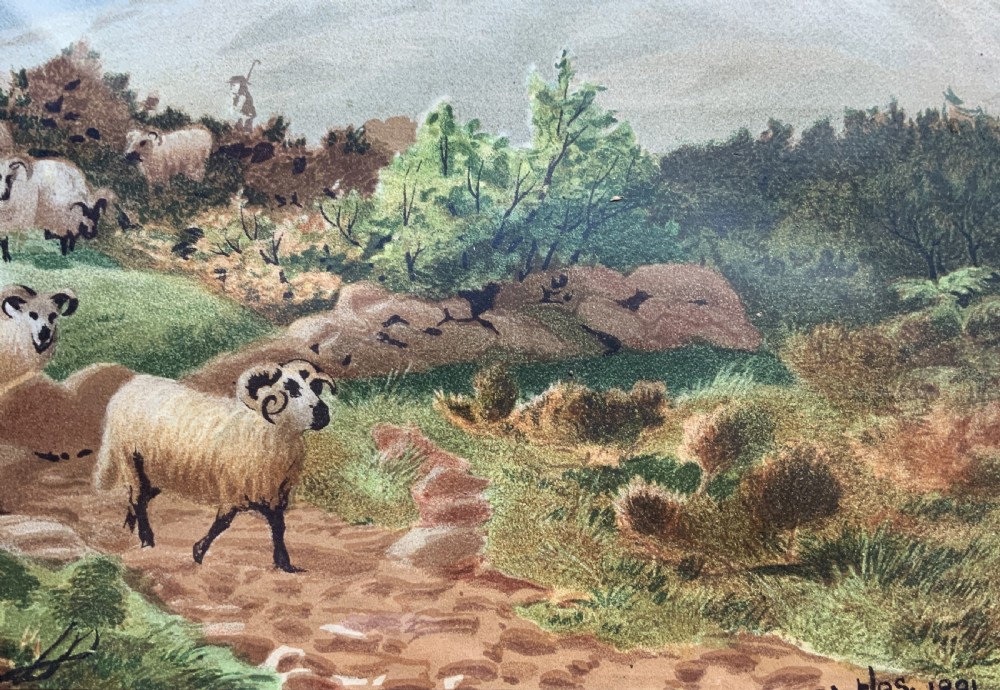 A 19th-century framed landscape painting depicting a shepherd guiding a large flock of sheep through a highland valley, housed in a moulded dark timber frame. View VII