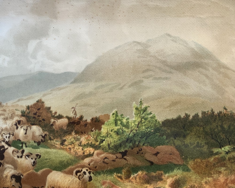 A 19th-century framed landscape painting depicting a shepherd guiding a large flock of sheep through a highland valley, housed in a moulded dark timber frame. View VIII