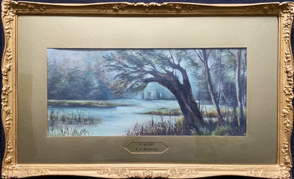 A horizontal Victorian watercolour painting depicting a woodland river scene with a leaning tree, set within a gold mount and ornate gilt frame.