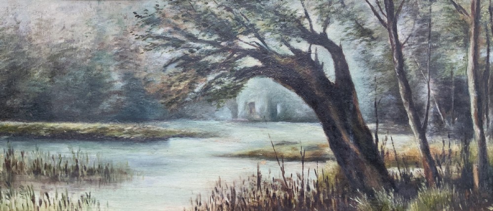 A horizontal Victorian watercolour painting depicting a woodland river scene with a leaning tree, set within a gold mount and ornate gilt frame. View II