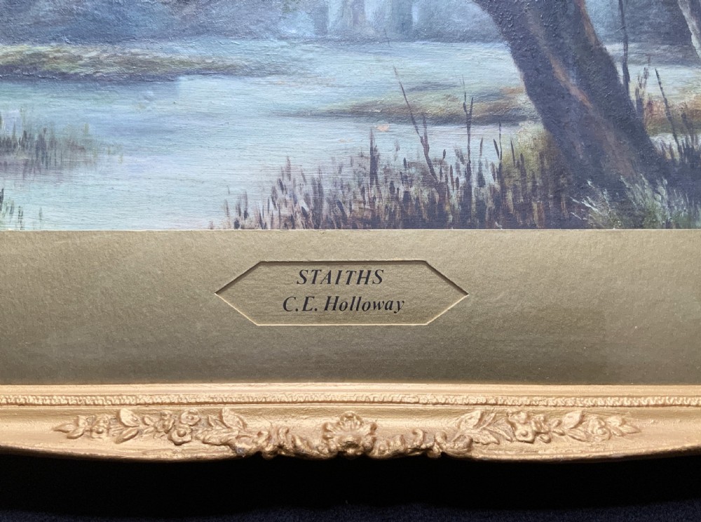 A horizontal Victorian watercolour painting depicting a woodland river scene with a leaning tree, set within a gold mount and ornate gilt frame. View V