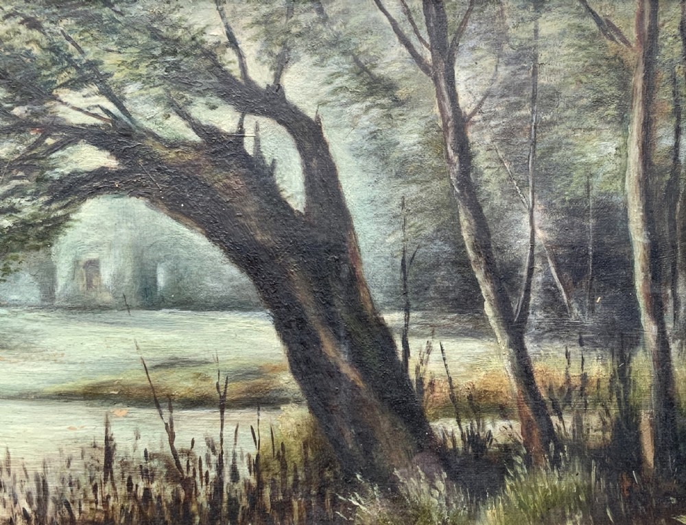 A horizontal Victorian watercolour painting depicting a woodland river scene with a leaning tree, set within a gold mount and ornate gilt frame. View VI