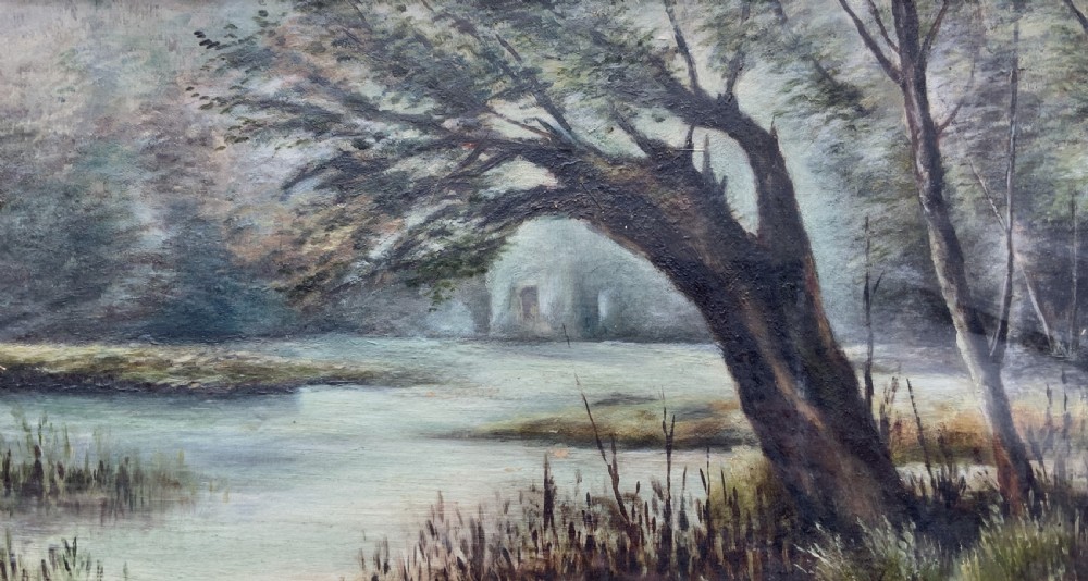 A horizontal Victorian watercolour painting depicting a woodland river scene with a leaning tree, set within a gold mount and ornate gilt frame. View VII