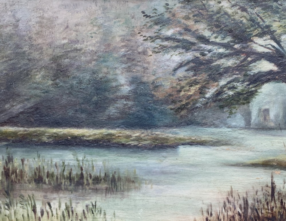 A horizontal Victorian watercolour painting depicting a woodland river scene with a leaning tree, set within a gold mount and ornate gilt frame. View VIII