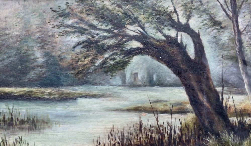 A horizontal Victorian watercolour painting depicting a woodland river scene with a leaning tree, set within a gold mount and ornate gilt frame. View IX