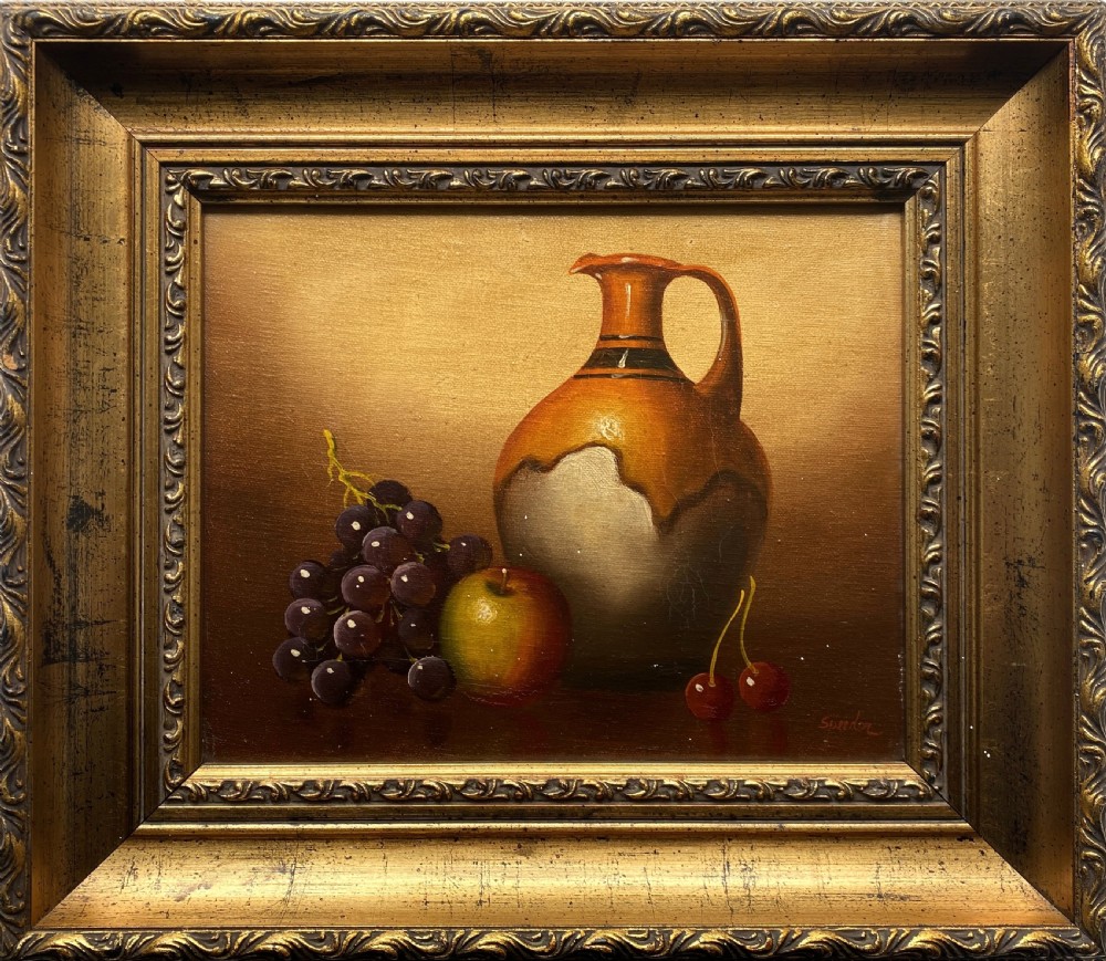 GORGEOUS VINTAGE ANTIQUE MID-CENTURY STILL LIFE OF CHERRIES & JUG OIL PAINTING