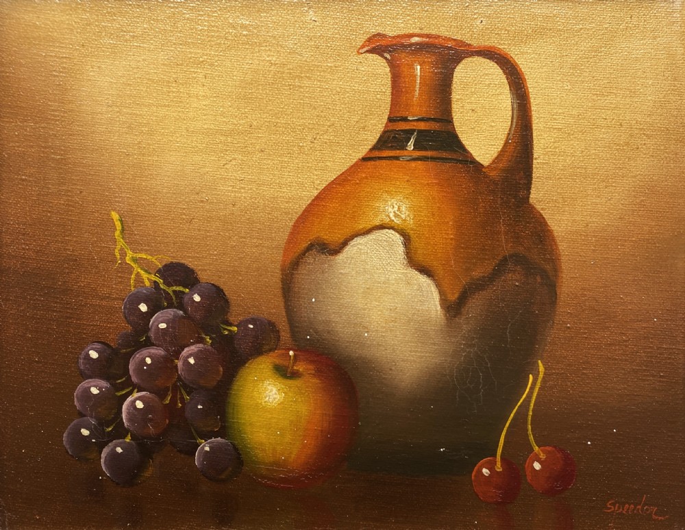 GORGEOUS VINTAGE ANTIQUE MID-CENTURY STILL LIFE OF CHERRIES & JUG OIL PAINTING View II