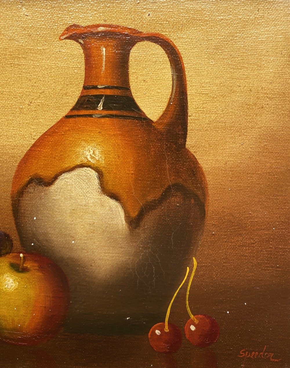 GORGEOUS VINTAGE ANTIQUE MID-CENTURY STILL LIFE OF CHERRIES & JUG OIL PAINTING View IV