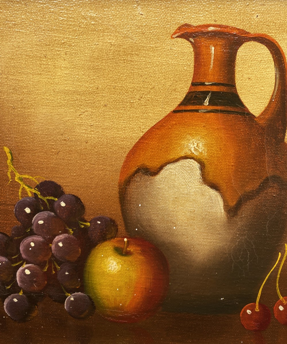 GORGEOUS VINTAGE ANTIQUE MID-CENTURY STILL LIFE OF CHERRIES & JUG OIL PAINTING View V