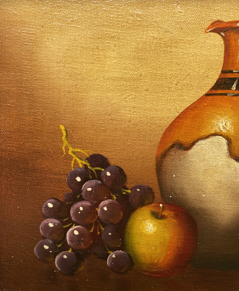 GORGEOUS VINTAGE ANTIQUE MID-CENTURY STILL LIFE OF CHERRIES & JUG OIL PAINTING View VI