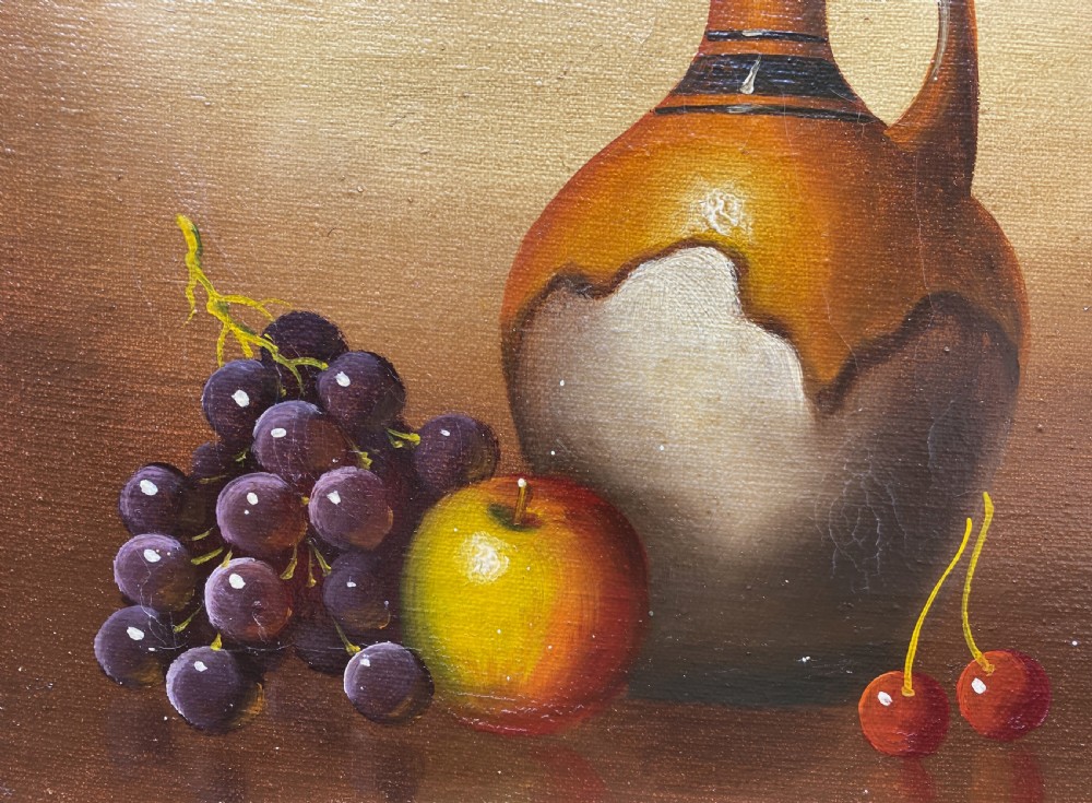 GORGEOUS VINTAGE ANTIQUE MID-CENTURY STILL LIFE OF CHERRIES & JUG OIL PAINTING View VII