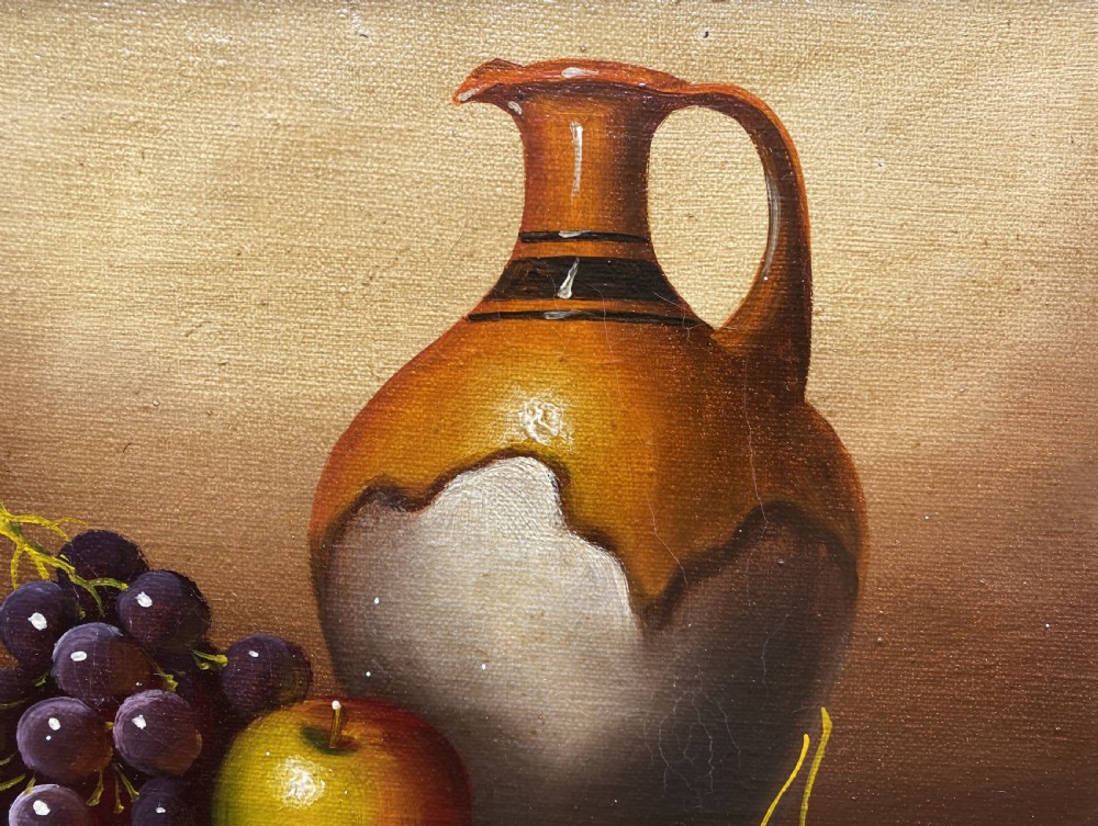 GORGEOUS VINTAGE ANTIQUE MID-CENTURY STILL LIFE OF CHERRIES & JUG OIL PAINTING View VIII