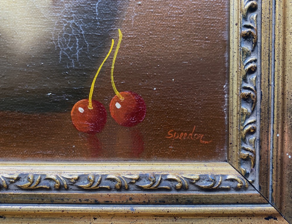 GORGEOUS VINTAGE ANTIQUE MID-CENTURY STILL LIFE OF CHERRIES & JUG OIL PAINTING View IX