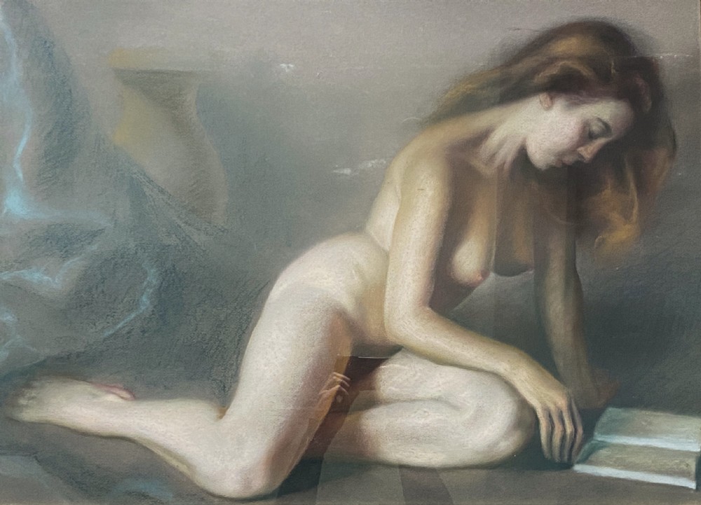 A framed mid-century pastel painting featuring a kneeling female nude reading an open book, rendered in soft neutral tones within a gilded wooden frame. View II