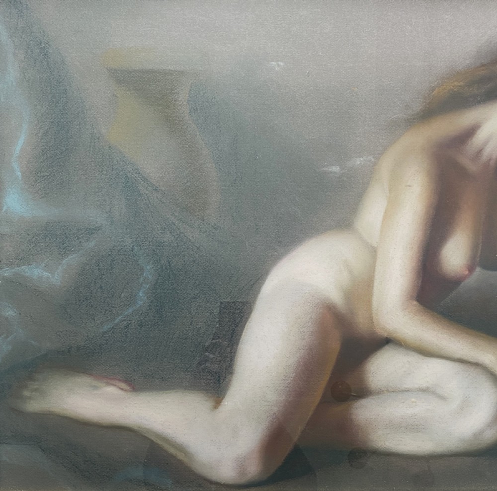 A framed mid-century pastel painting featuring a kneeling female nude reading an open book, rendered in soft neutral tones within a gilded wooden frame. View IV