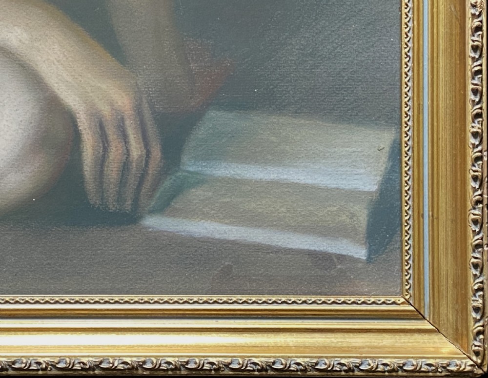 A framed mid-century pastel painting featuring a kneeling female nude reading an open book, rendered in soft neutral tones within a gilded wooden frame. View V