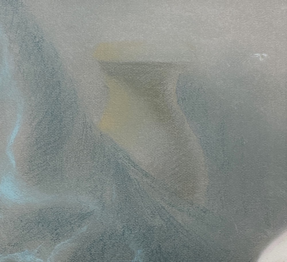 A framed mid-century pastel painting featuring a kneeling female nude reading an open book, rendered in soft neutral tones within a gilded wooden frame. View VII