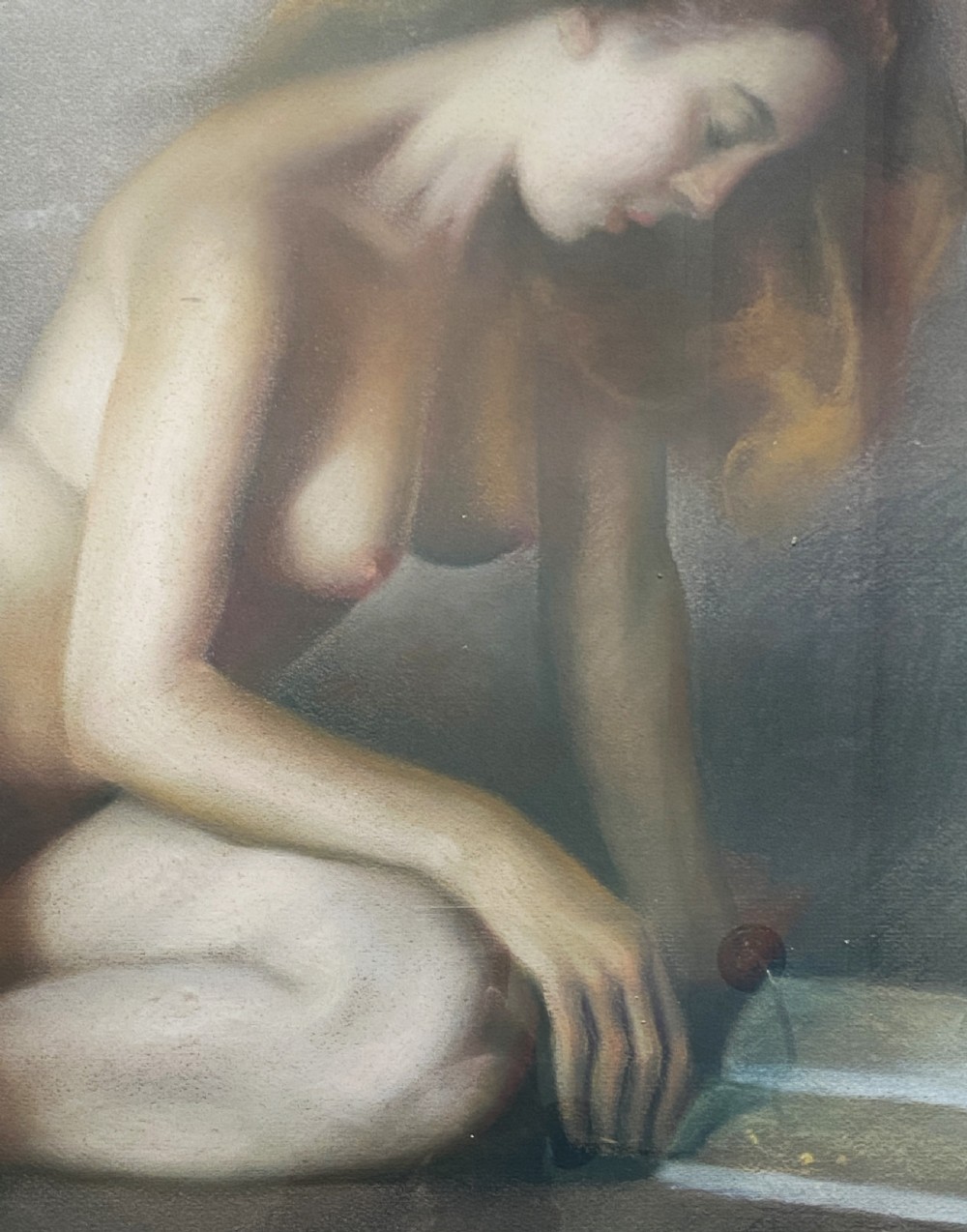 A framed mid-century pastel painting featuring a kneeling female nude reading an open book, rendered in soft neutral tones within a gilded wooden frame. View VIII