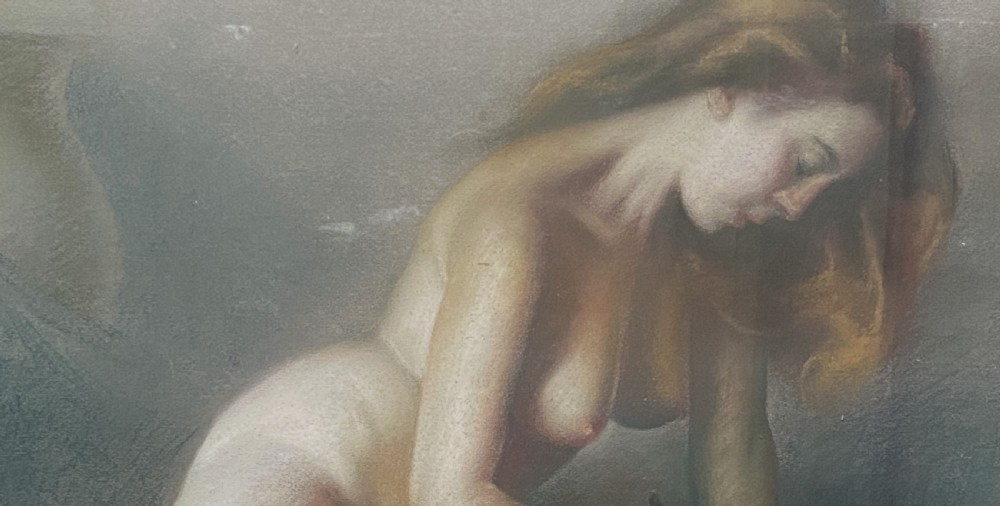 A framed mid-century pastel painting featuring a kneeling female nude reading an open book, rendered in soft neutral tones within a gilded wooden frame. View IX