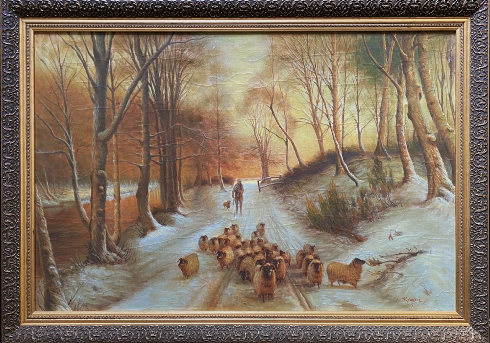 A framed oil painting depicting a shepherd droving a flock of sheep along a snow-covered forest track at sunset.