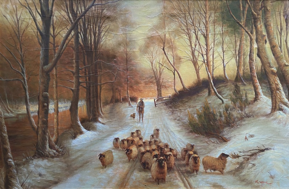 A framed oil painting depicting a shepherd droving a flock of sheep along a snow-covered forest track at sunset. View II