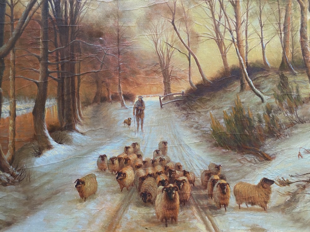 A framed oil painting depicting a shepherd droving a flock of sheep along a snow-covered forest track at sunset. View III