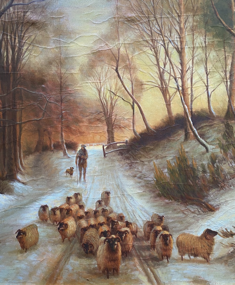 A framed oil painting depicting a shepherd droving a flock of sheep along a snow-covered forest track at sunset. View IV