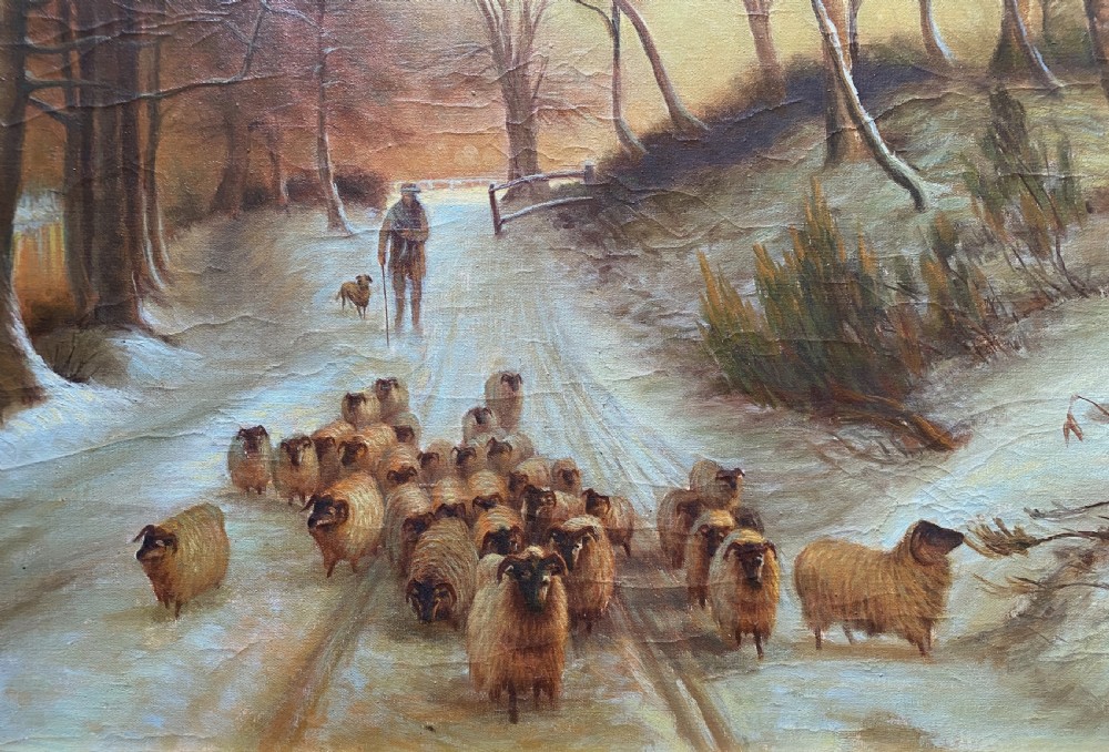 A framed oil painting depicting a shepherd droving a flock of sheep along a snow-covered forest track at sunset. View VI