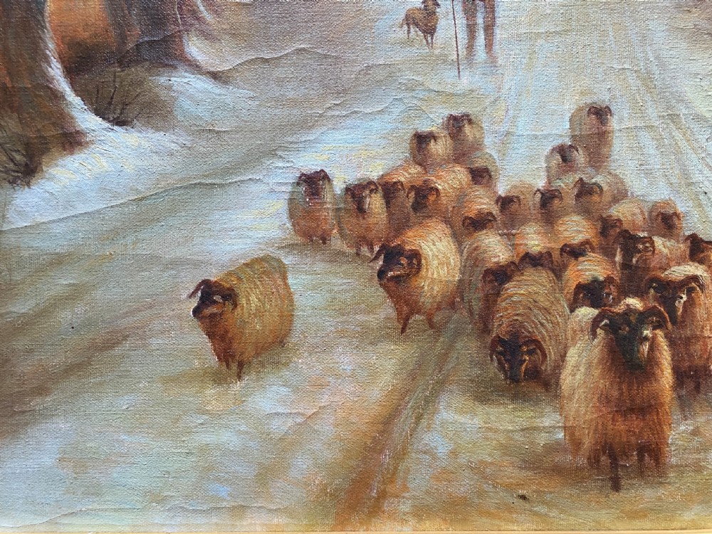 A framed oil painting depicting a shepherd droving a flock of sheep along a snow-covered forest track at sunset. View VII