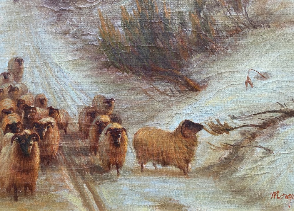 A framed oil painting depicting a shepherd droving a flock of sheep along a snow-covered forest track at sunset. View VIII