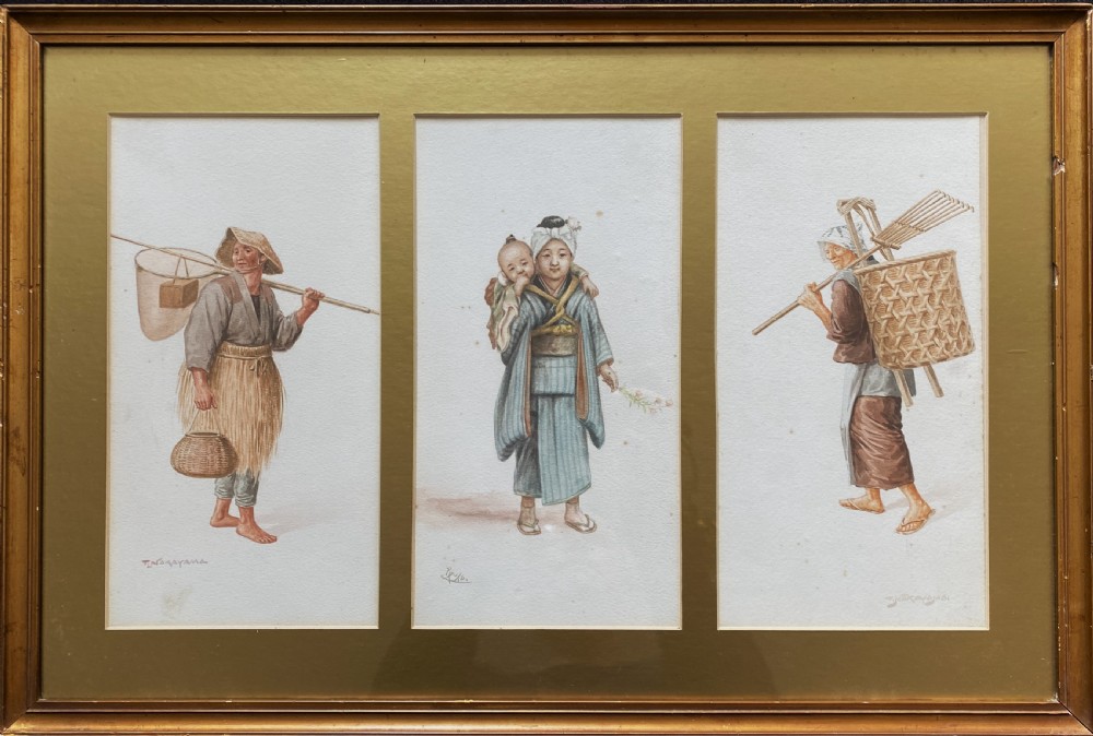 A framed triptych of three watercolour paintings by Takashi Nakayama depicting Japanese figures in traditional attire, including a fisherman, a mother carrying a child, and a labourer with a basket. View II