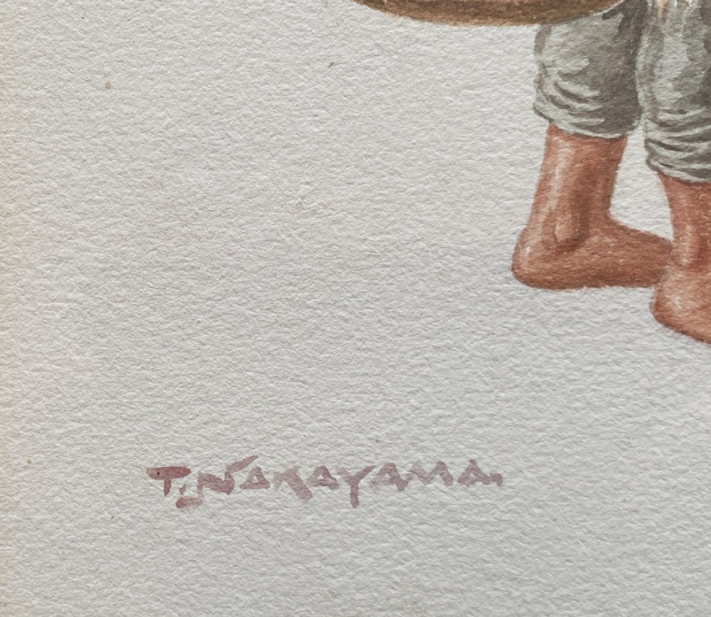 A framed triptych of three watercolour paintings by Takashi Nakayama depicting Japanese figures in traditional attire, including a fisherman, a mother carrying a child, and a labourer with a basket. View IX