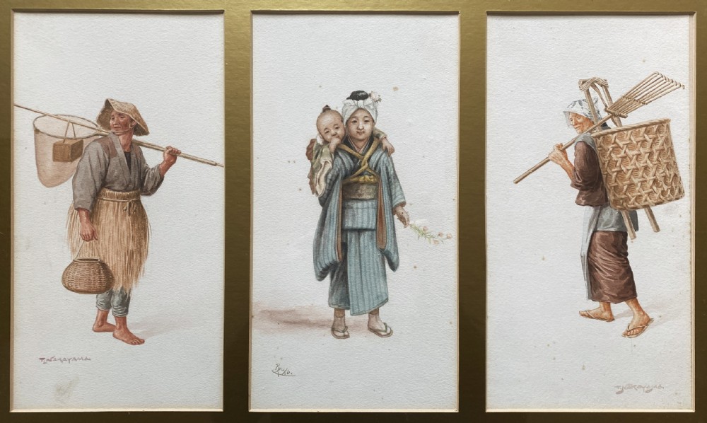 A framed triptych of three watercolour paintings by Takashi Nakayama depicting Japanese figures in traditional attire, including a fisherman, a mother carrying a child, and a labourer with a basket. View XII