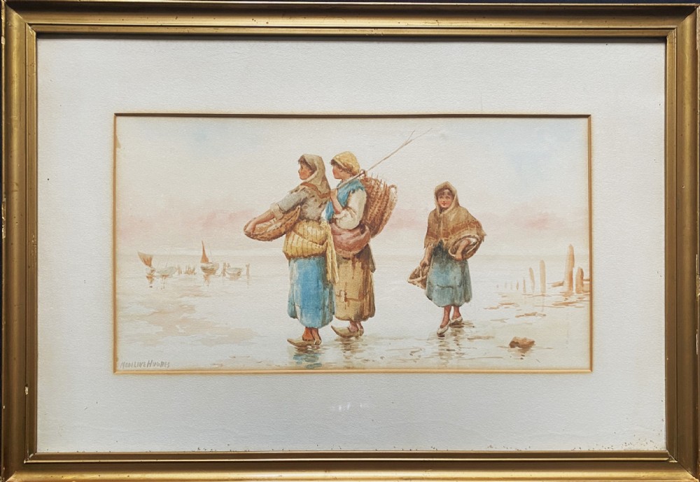 A framed 19th-century watercolour painting depicting three Dutch fisherwomen wearing traditional garments and carrying wicker baskets on a foggy coastal shore.