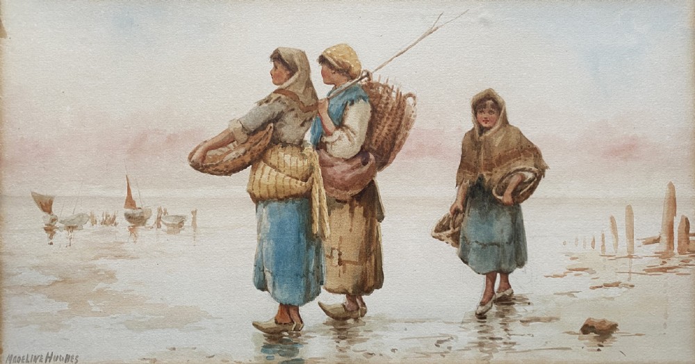 A framed 19th-century watercolour painting depicting three Dutch fisherwomen wearing traditional garments and carrying wicker baskets on a foggy coastal shore. View II