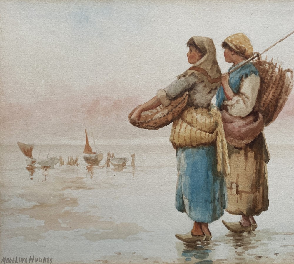 A framed 19th-century watercolour painting depicting three Dutch fisherwomen wearing traditional garments and carrying wicker baskets on a foggy coastal shore. View V