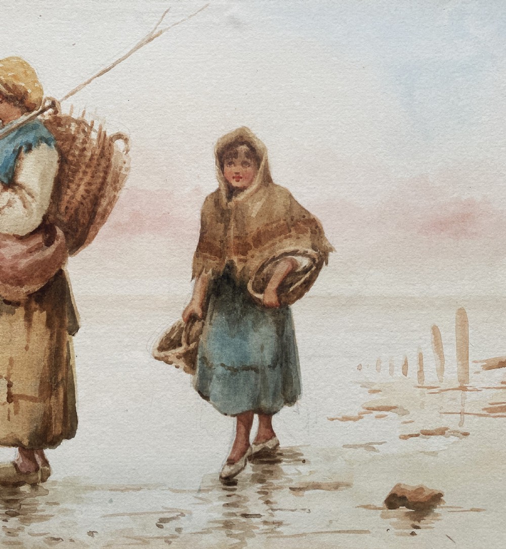 A framed 19th-century watercolour painting depicting three Dutch fisherwomen wearing traditional garments and carrying wicker baskets on a foggy coastal shore. View VI