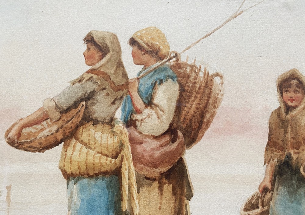 A framed 19th-century watercolour painting depicting three Dutch fisherwomen wearing traditional garments and carrying wicker baskets on a foggy coastal shore. View VII