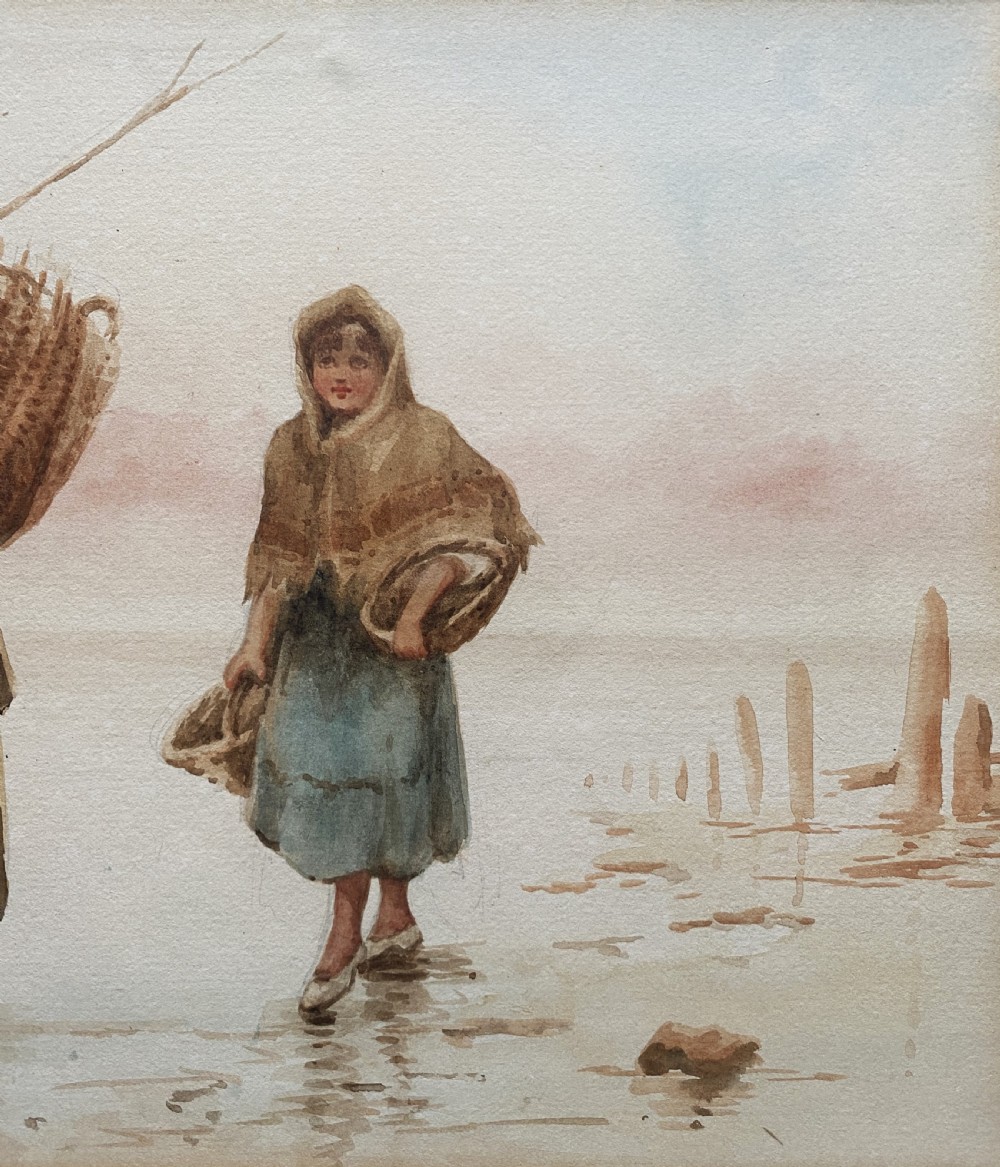 A framed 19th-century watercolour painting depicting three Dutch fisherwomen wearing traditional garments and carrying wicker baskets on a foggy coastal shore. View VIII