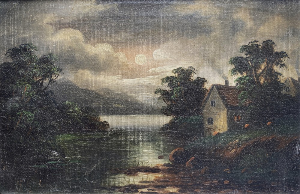 An oil painting depicting a moonlit highland loch scene with a small cottage near the water, framed in a thick white painted wooden frame. View II